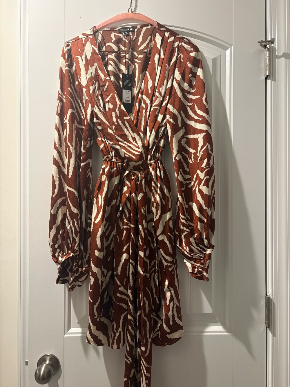 Fashion Nova Rust and Cream Zebra Wrap Dress